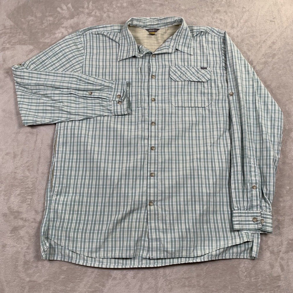 Eddie Bauer Travex Button Up Mens XL Green Plaid Long Sleeve Hiking Shirt - Picture 2 of 7